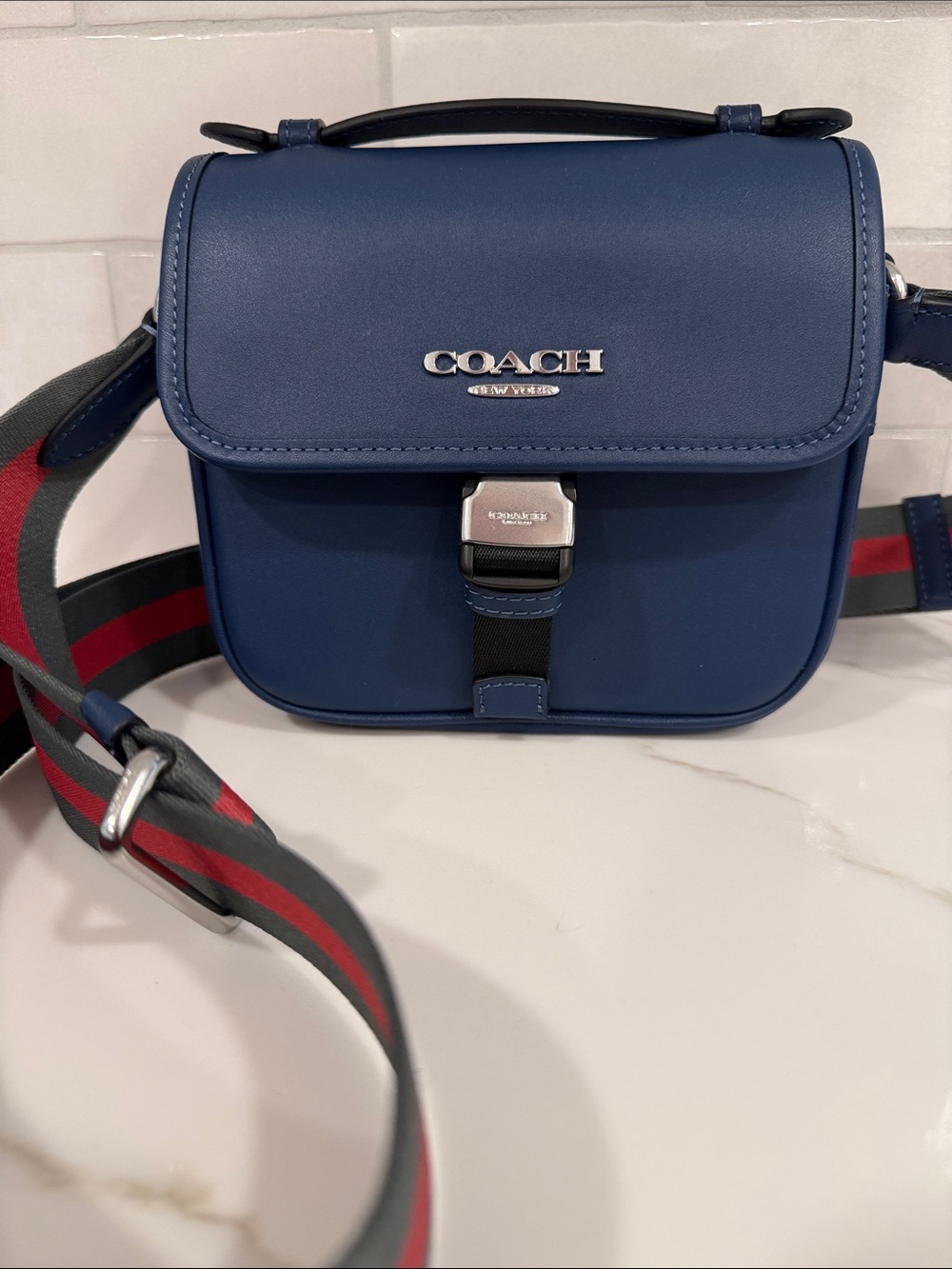 Coach Blue Leather Crossbody with Striped Strap
